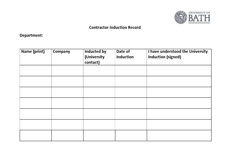 Contractor Induction Record Sheet PDF