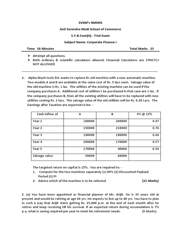 Corporate Finance I Trial Exam Guide | PDF | Net Present Value | Investing
