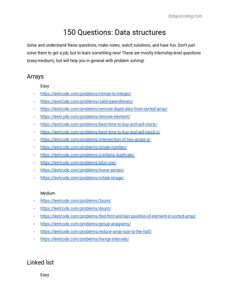 150 Questions - Data Structures | PDF | Computing | Algorithms And Data ...