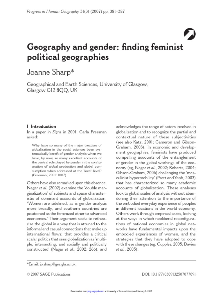 Sharp 2007. Geography and Gender. Finding Feminist Political Geographies PDF Gender