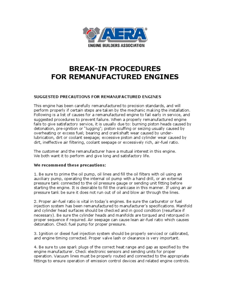 BREAKIN PROCEDURES Motor Oil Internal Combustion Engine