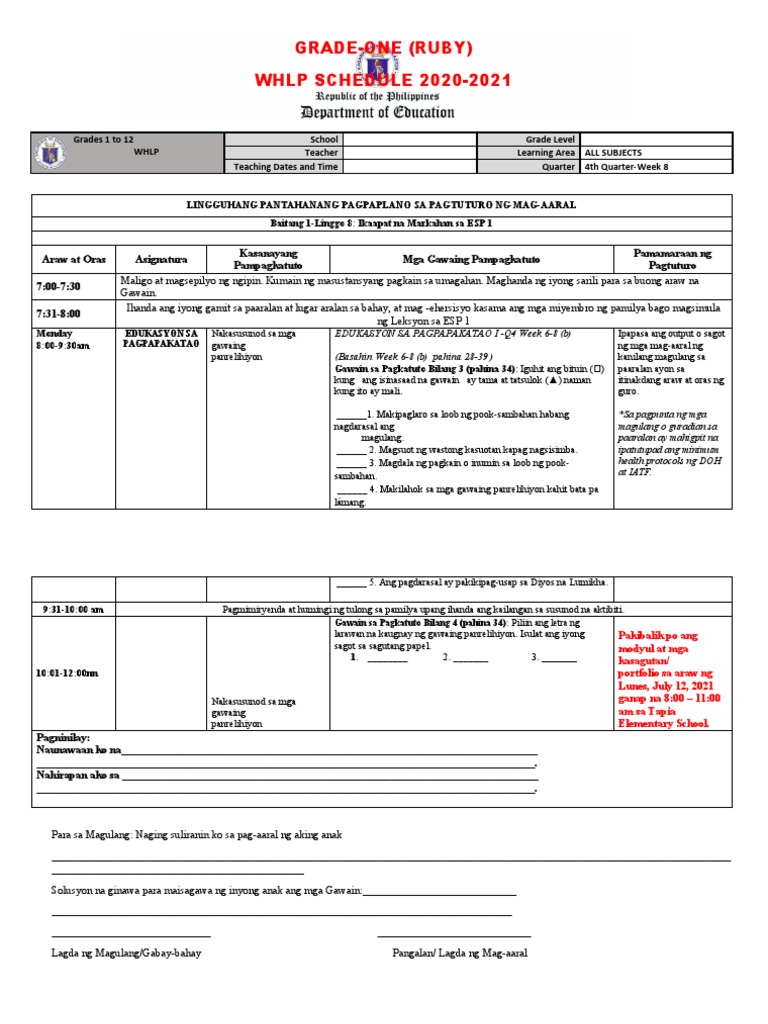 Grade 1 All Subjects WHLP q4 w8 | PDF