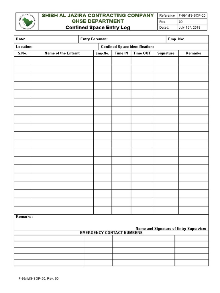 Confined Space Entry Log Sheet | PDF
