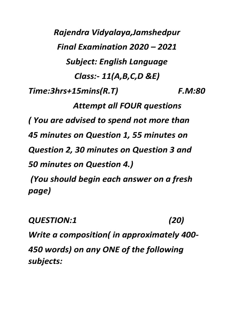 Class 11 English Exam Paper 2021 | PDF | Language Arts & Discipline ...