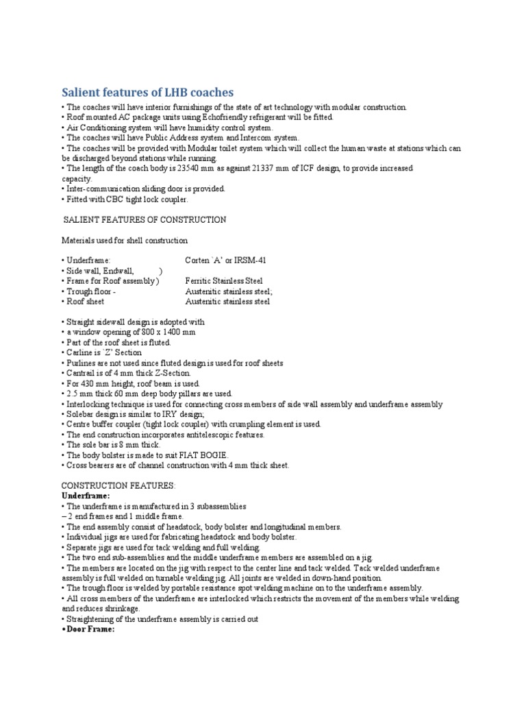 Salient Features of LHB Coaches PDF Construction Welding