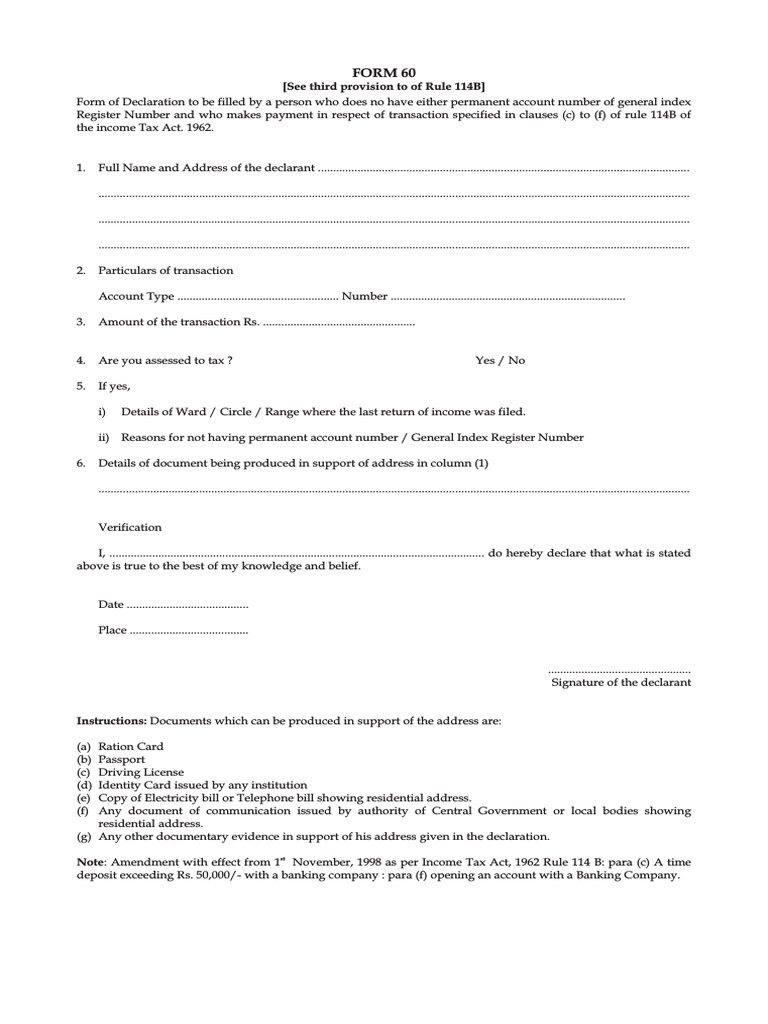 Form 60 Declaration Under Rule 114B | PDF