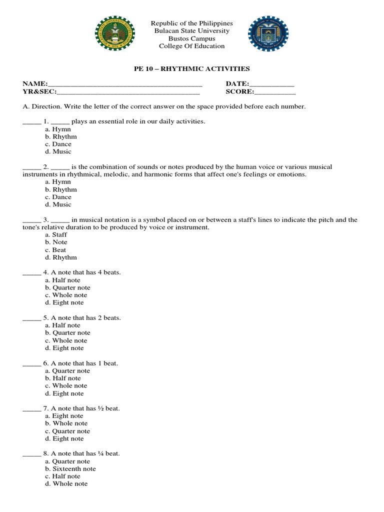 Rhythm Test for PE 10 Students | PDF | Rhythm | Musical Notation