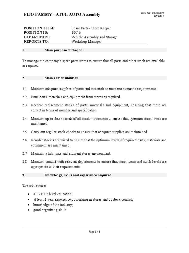 10C6 Spare Parts Store Keeper D1 PDF