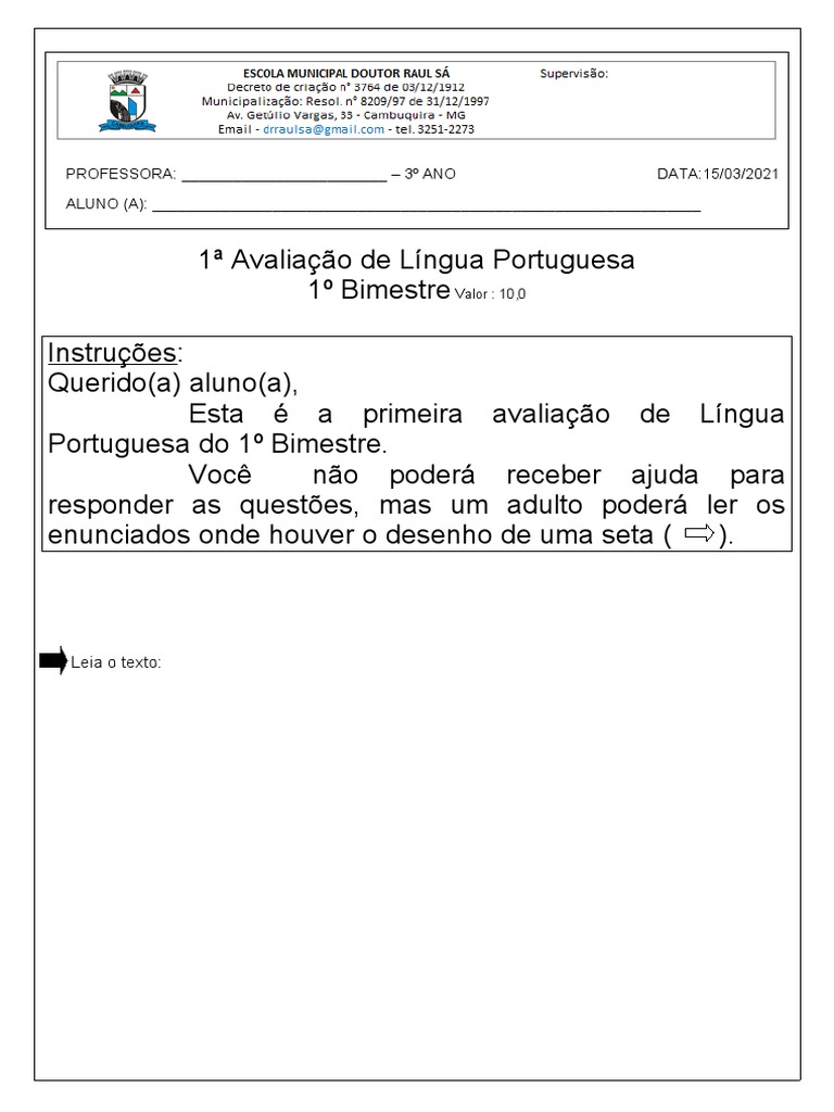 Avaliação de Língua Portuguesa 3º Ano | PDF | Carreira e Crescimento