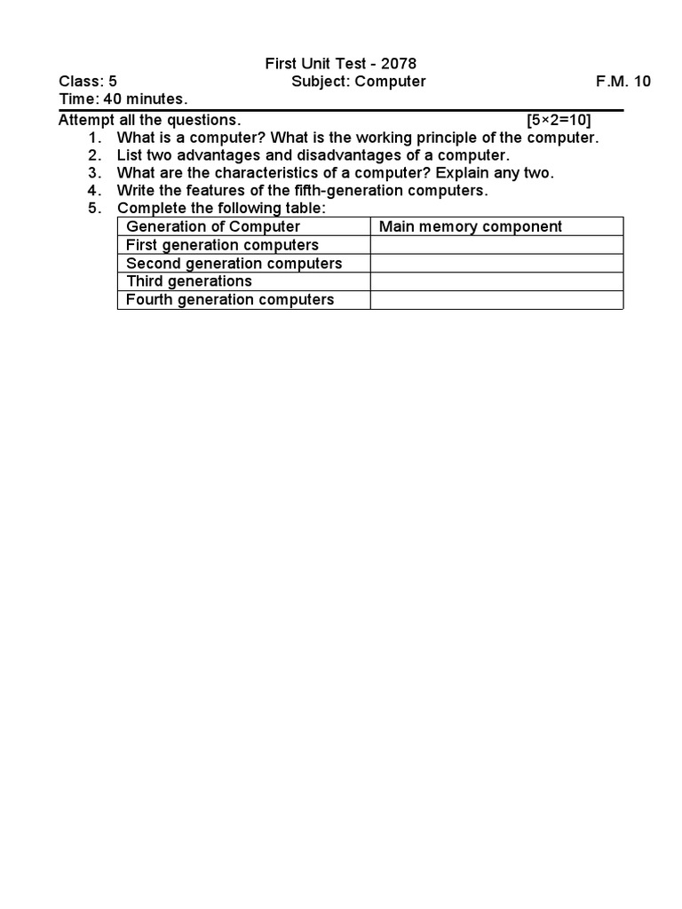 Computer Test - Unit 2078 | PDF | Computers | Technology & Engineering