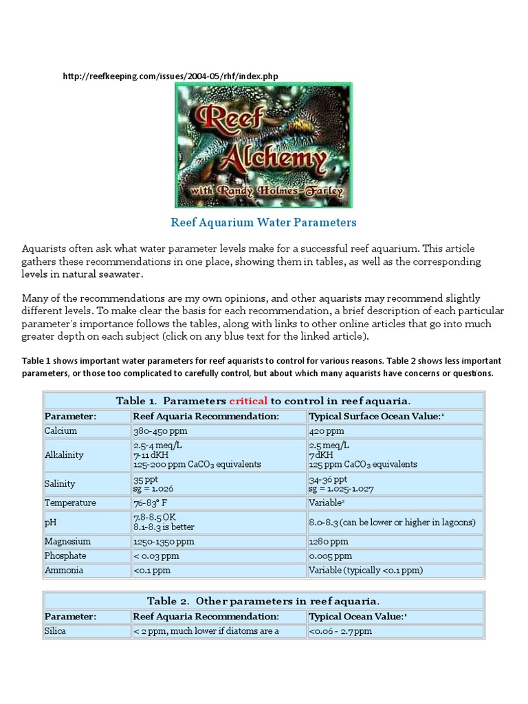 Reef Aquarium Water Parameters Guide | PDF | Aquarium | Alkalinity