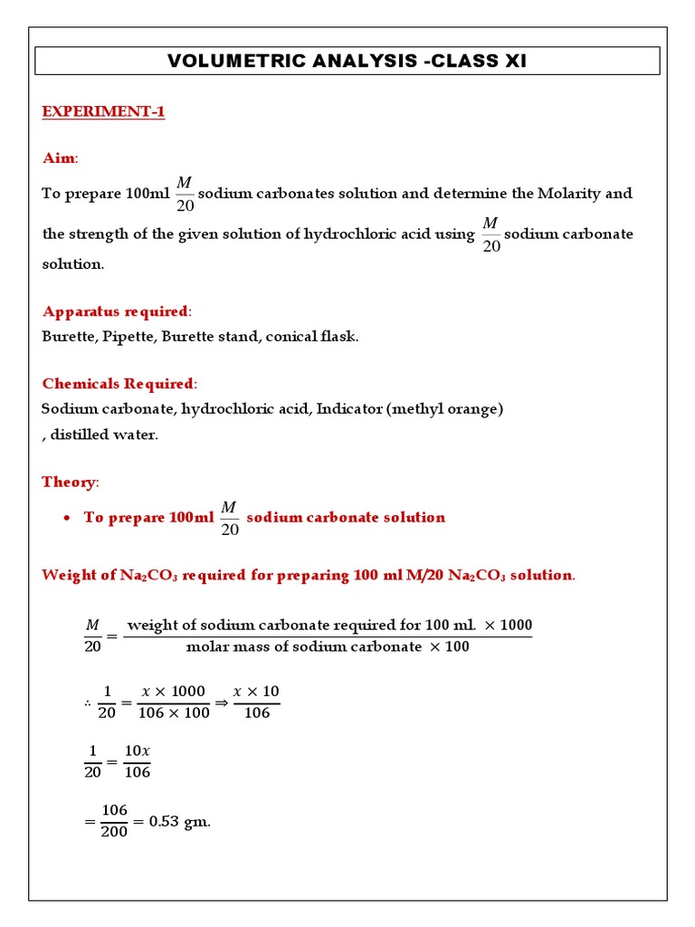 Volumetric Analysis Class Xi Experiment1 Aim PDF Chemistry