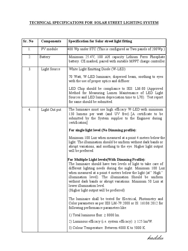 Solar Street Light Specs Guide | PDF | Photovoltaics | Solar Panel