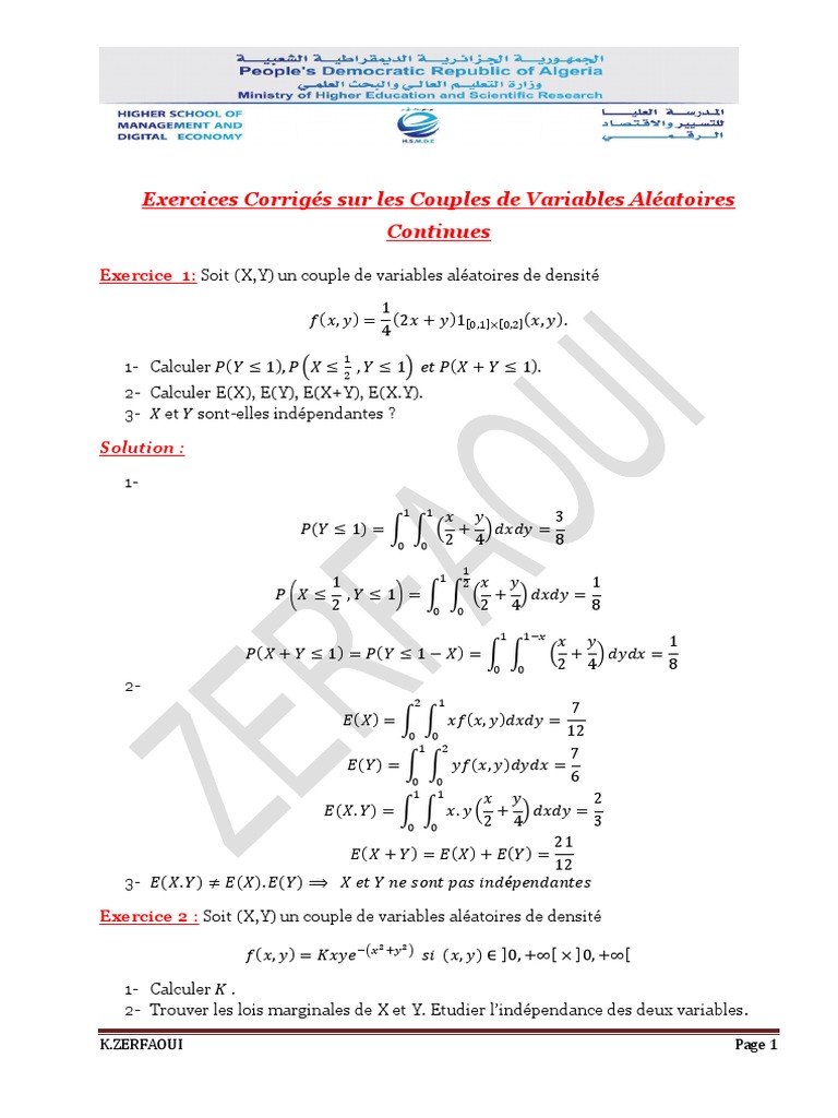 Serie Corriges Sur Les Couples Continues Etudiants Pdf Integral Variable Aleatoire A Densite