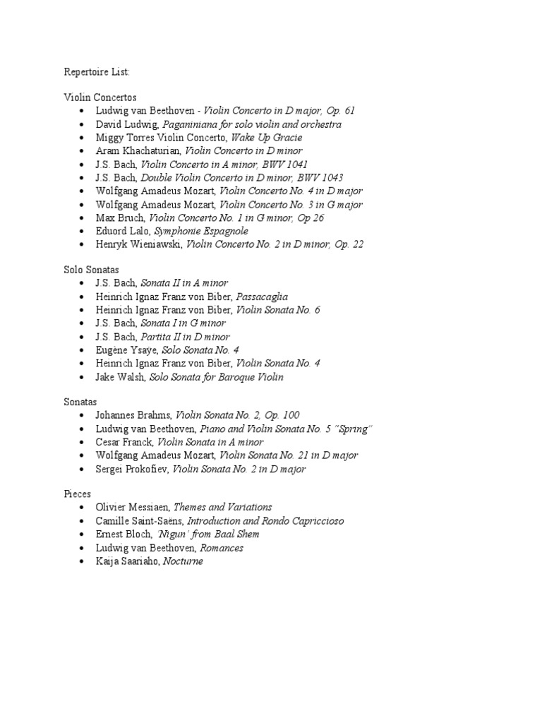 Repertoire List 2020 PDF Concerto String Quartet