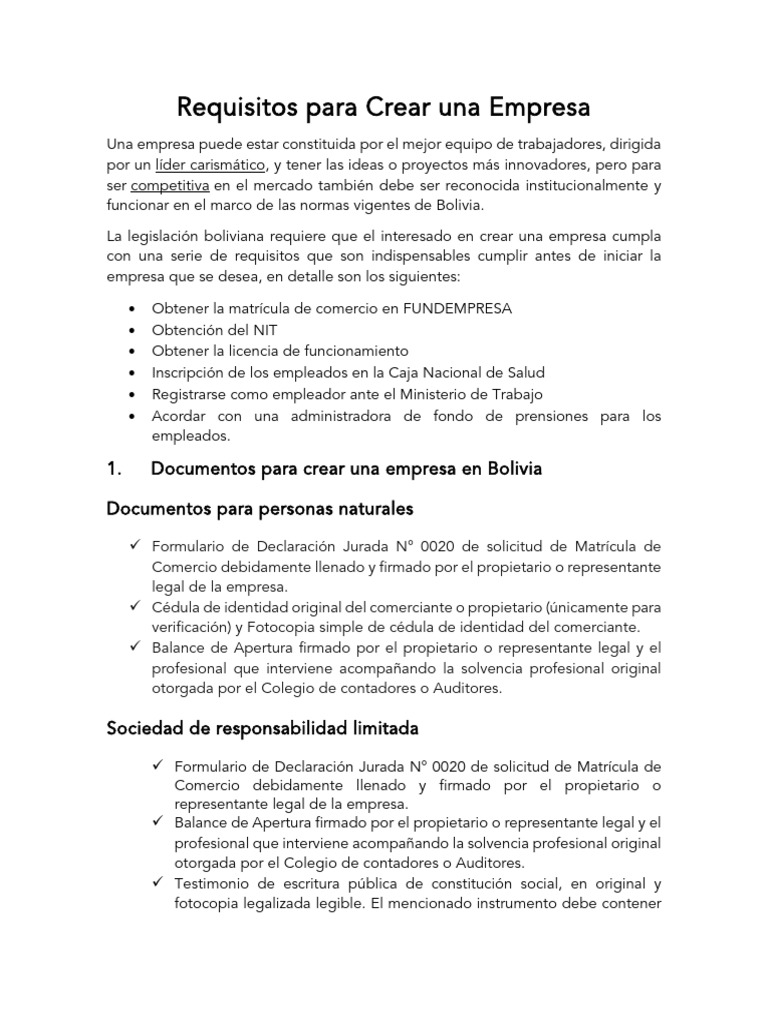 Requisitos para Crear una Empresa en Bolivia | PDF | Pensión | Economias