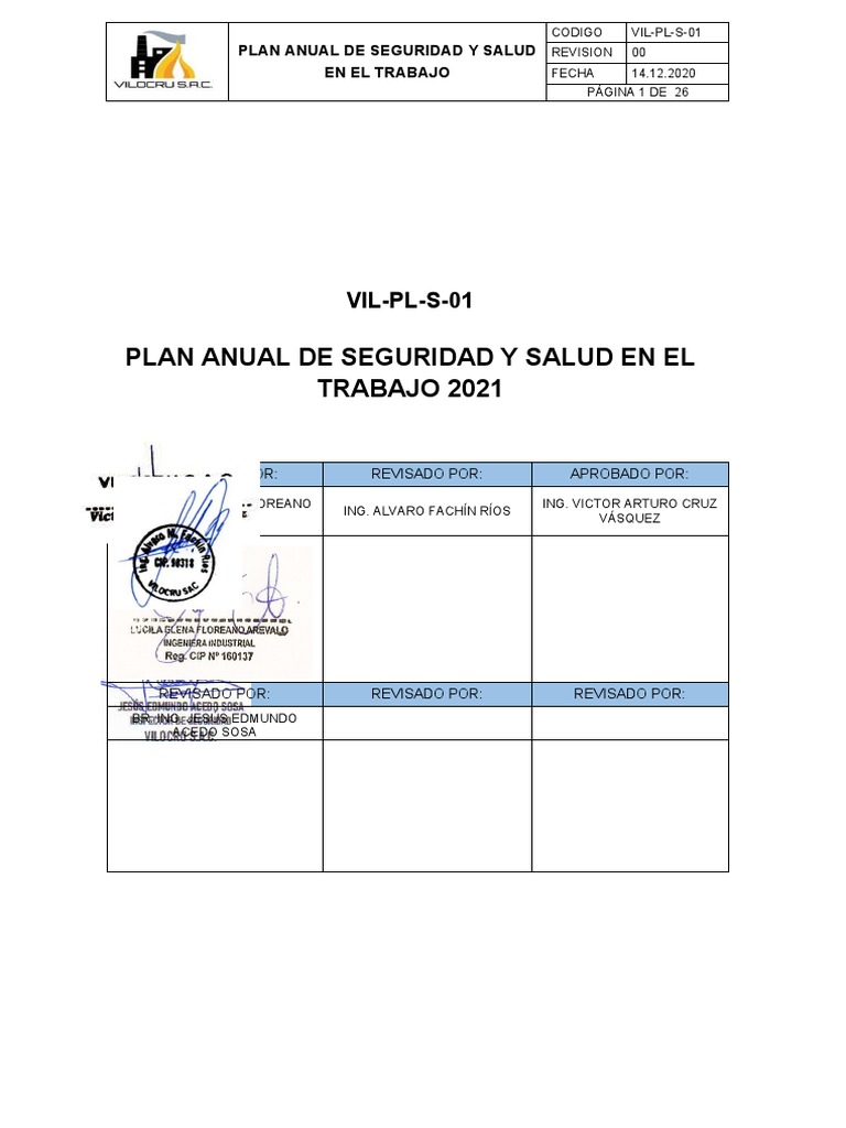 VIL-PL-S-01 Plan Anual de Seguridad y Salud en El Trabajo | PDF ...