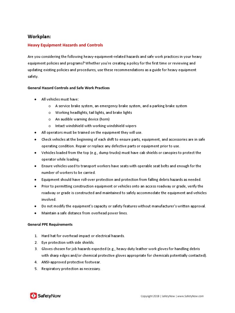 Workplan Heavy Equipment Hazards and Controls PDF Concrete Truck
