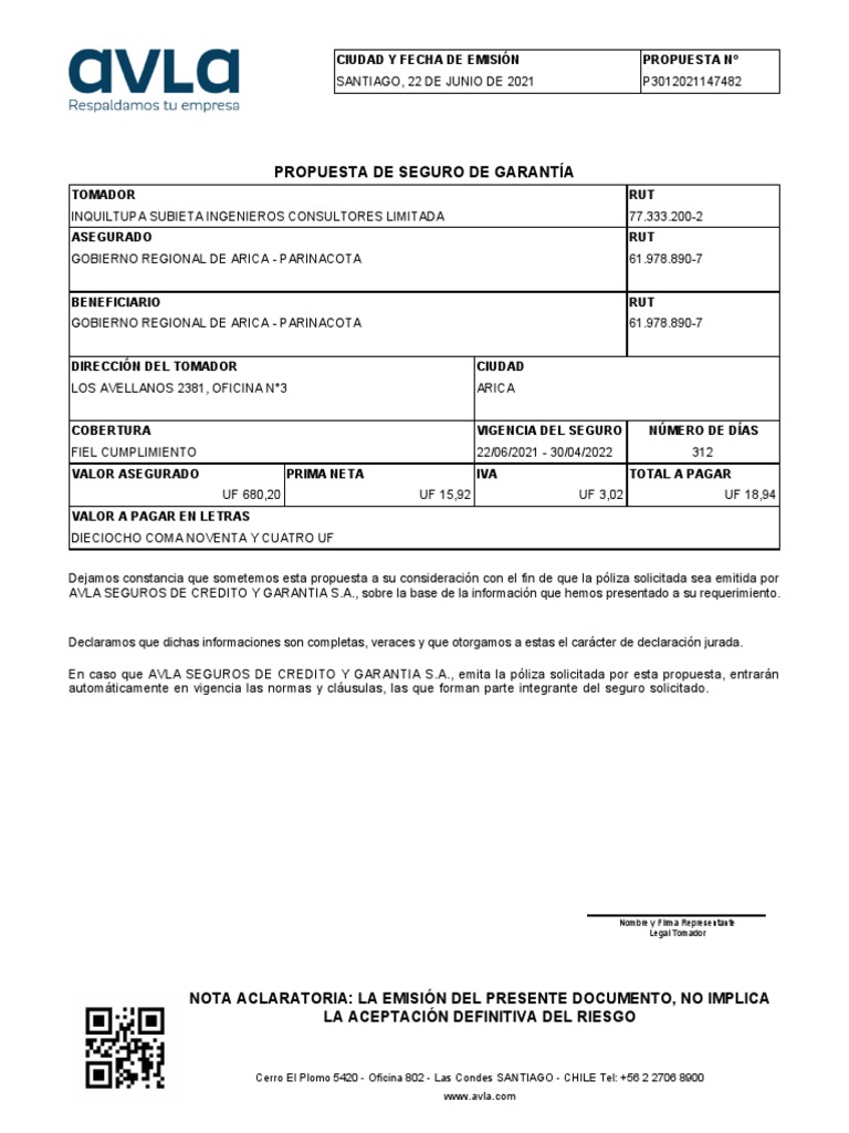 Propuesta de Seguro de Garantía Ciudad Y Fecha de Emisión Propuesta N