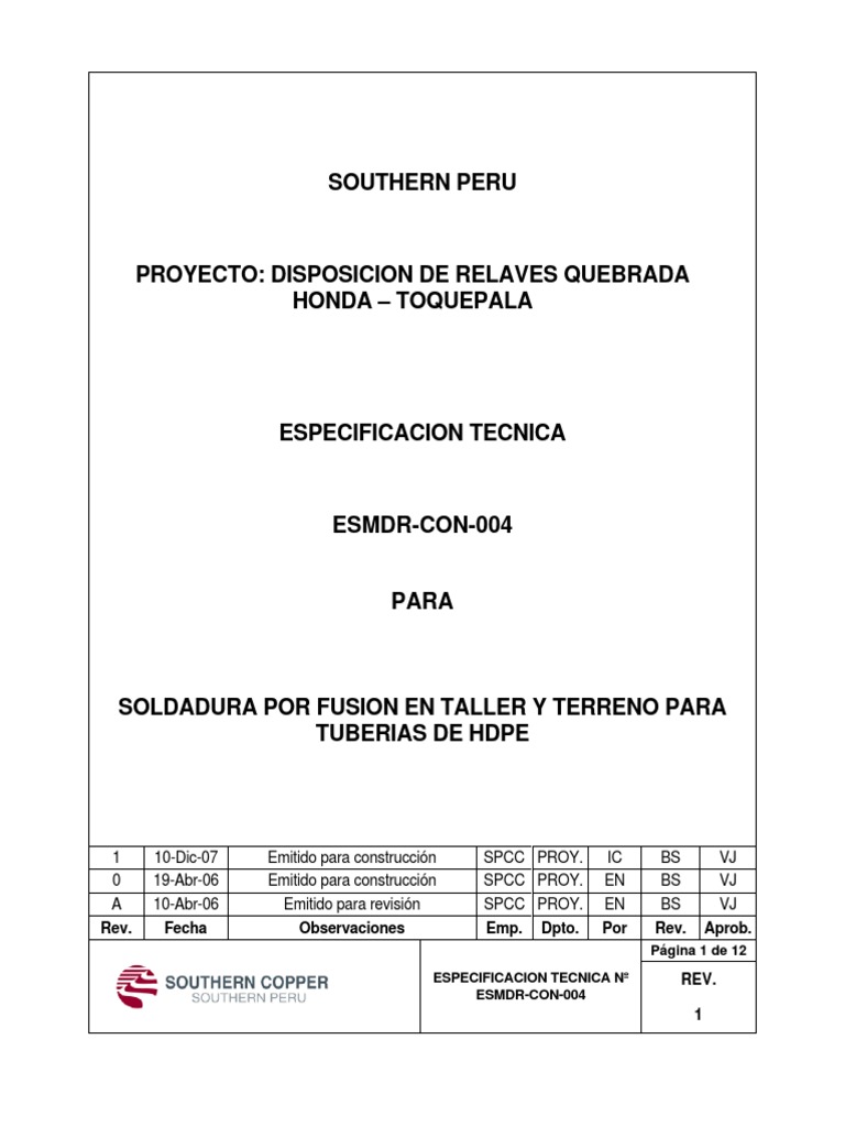 ESMDR-CON-004 REV 1 Tuberia HDPE | PDF | Construcción | Soldadura