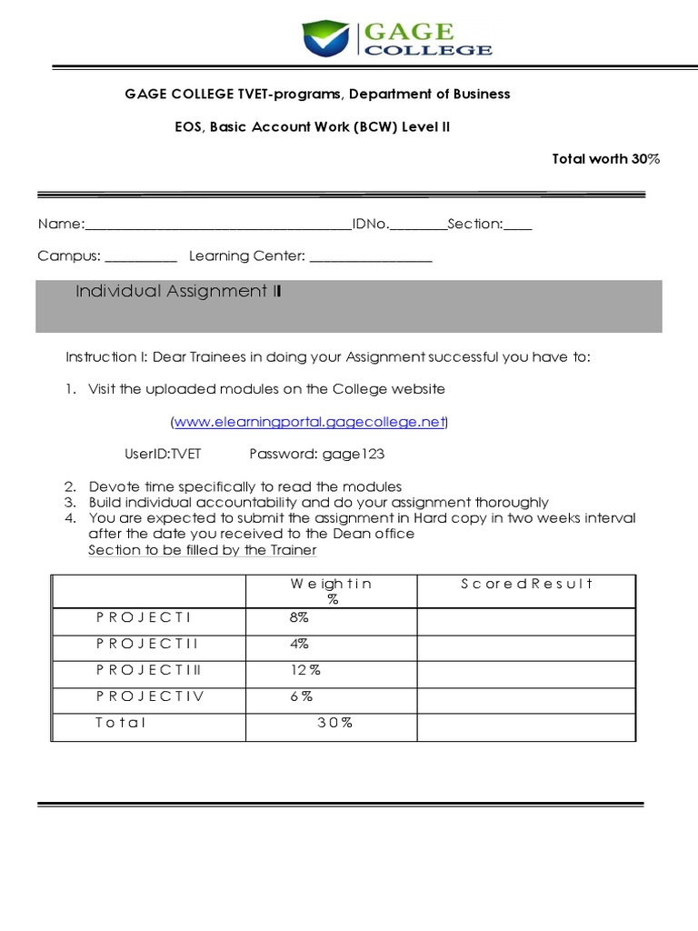Gage College TVET Accounting Program Individual Assignment on