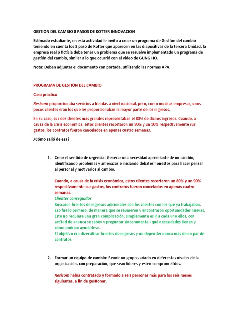 Gestion Del Cambio 8 Pasos de Kotter Innovacion | PDF | Marketing ...