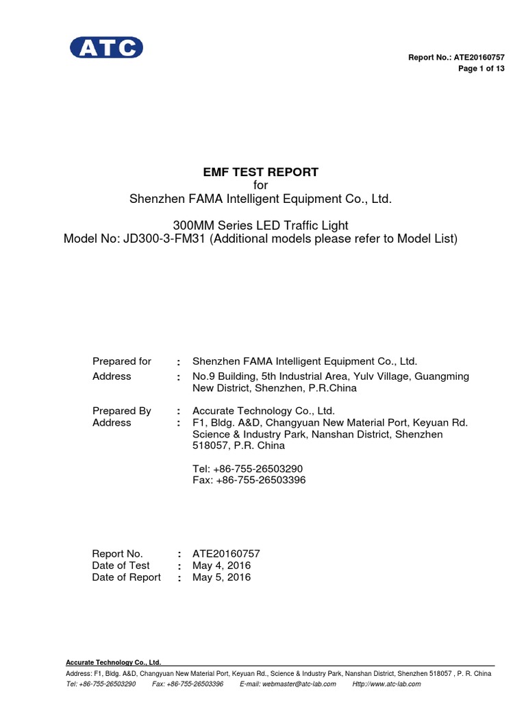 FAMA EMF Test Report for LED Traffic Light | PDF | Electromagnetic ...