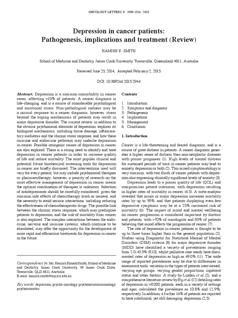 Depression in Cancer Patients: Risks & Treatment | PDF | Major ...
