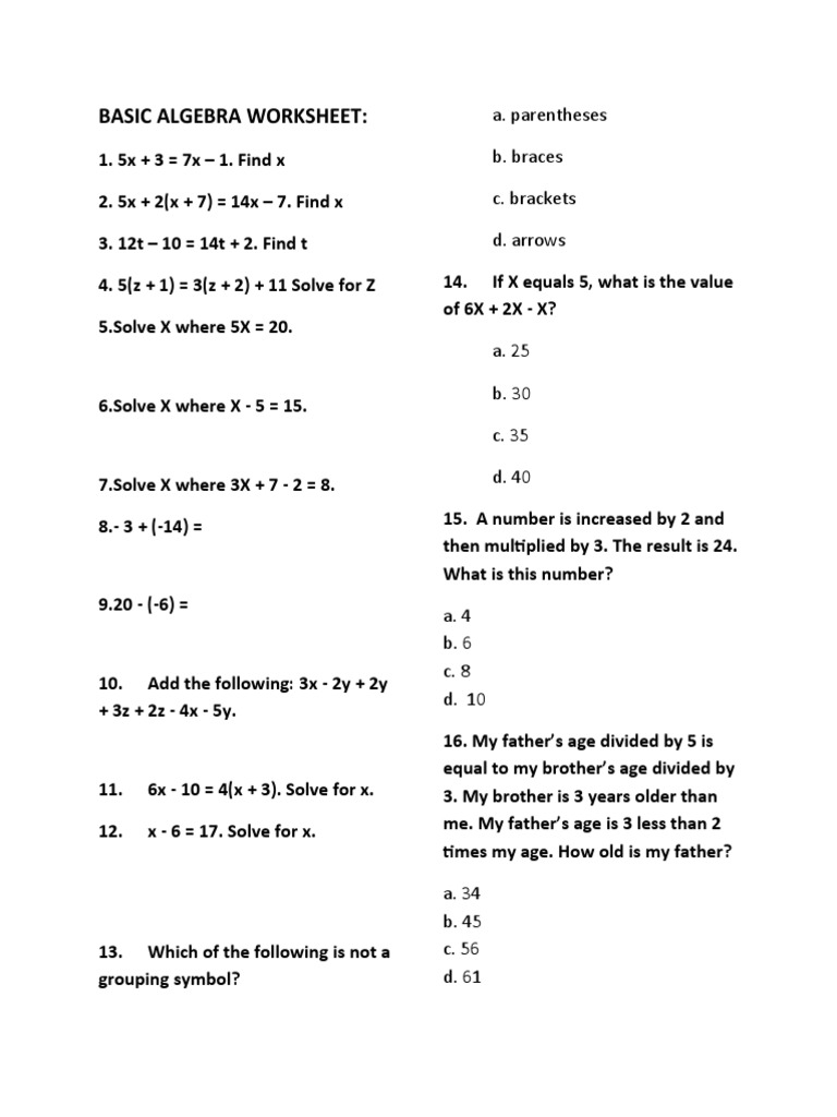 Basic Algebra Worksheet Pdf Bracket Mathematics