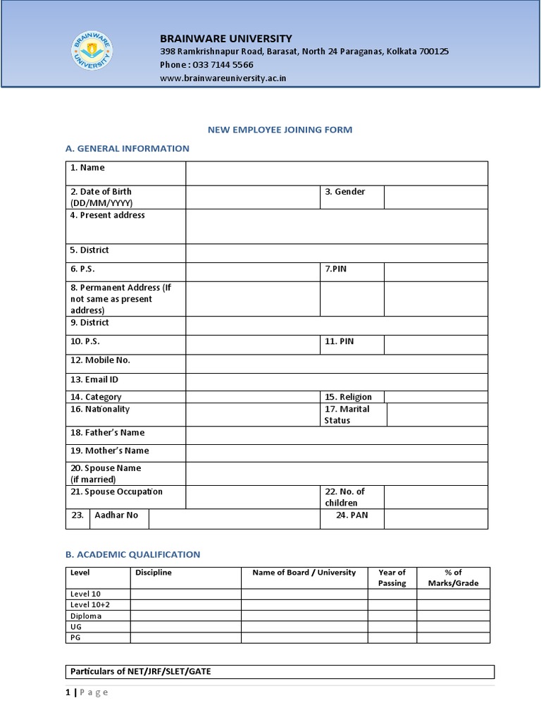 Brainware University New Employee Joining Form A. General Information