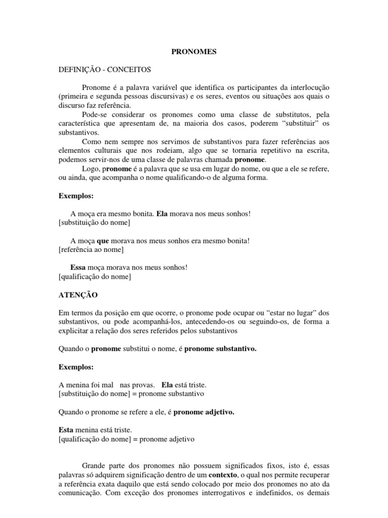 Definição e Tipos de Pronomes | PDF | Pronome | Assunto (gramática)