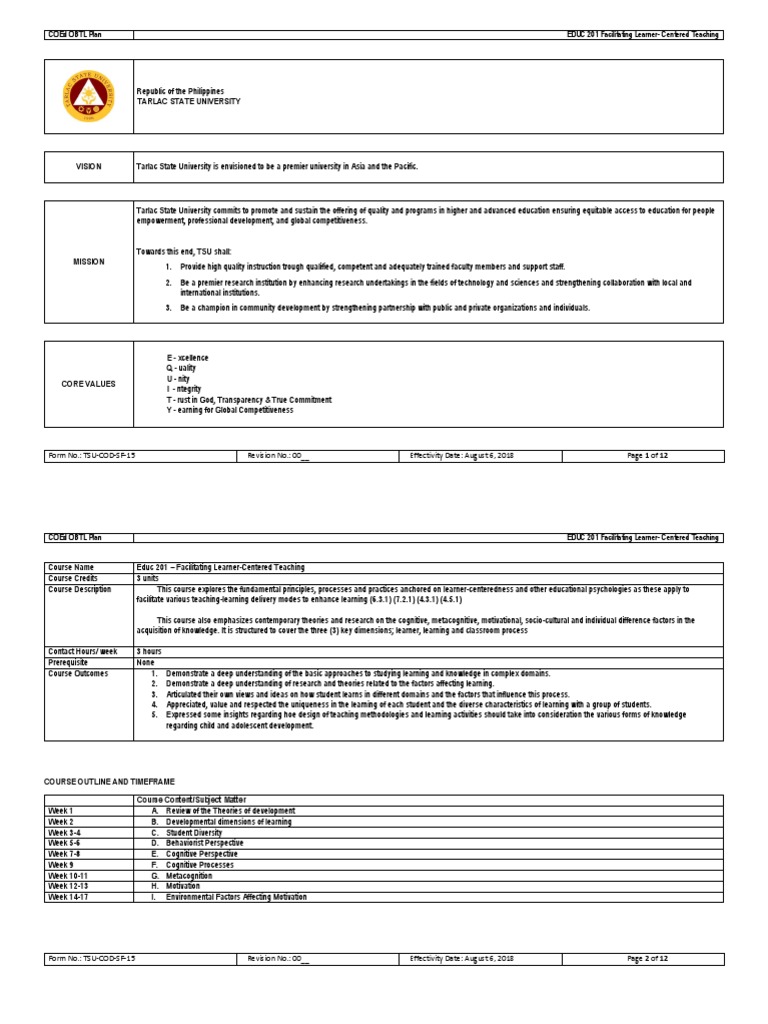 OBTL in EDUC 201 Facilitating Learner Centered Teaching | PDF ...