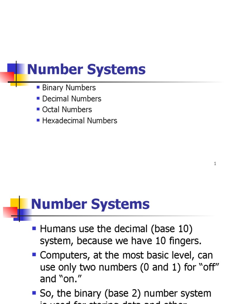 Number Systems: Binary Numbers Decimal Numbers Octal Numbers ...