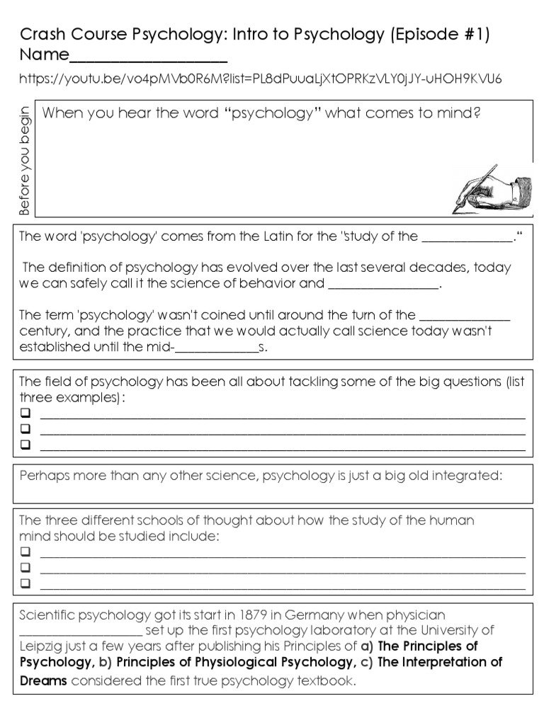 Crash Course Psychology Episode1 Intro To Psychology WORKSHEET PDF