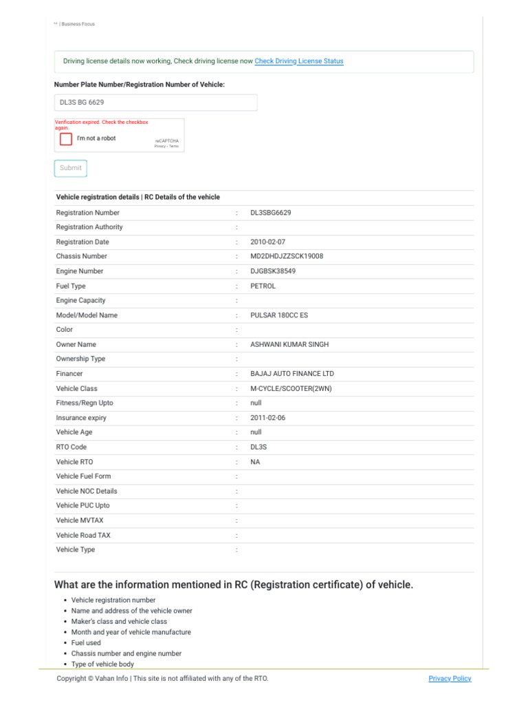 Vahan Info Check Vehicle RC Status Online Know Your Vehicle RC Registration Certificate