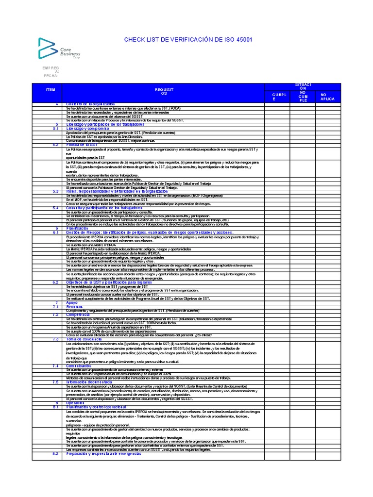 Lista de Verificación ISO 45001 | PDF | Auditoría | Planificación