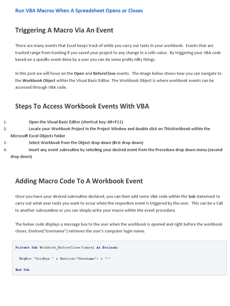 Run VBA Macros on Workbook Events | PDF | Microsoft Excel | Visual ...
