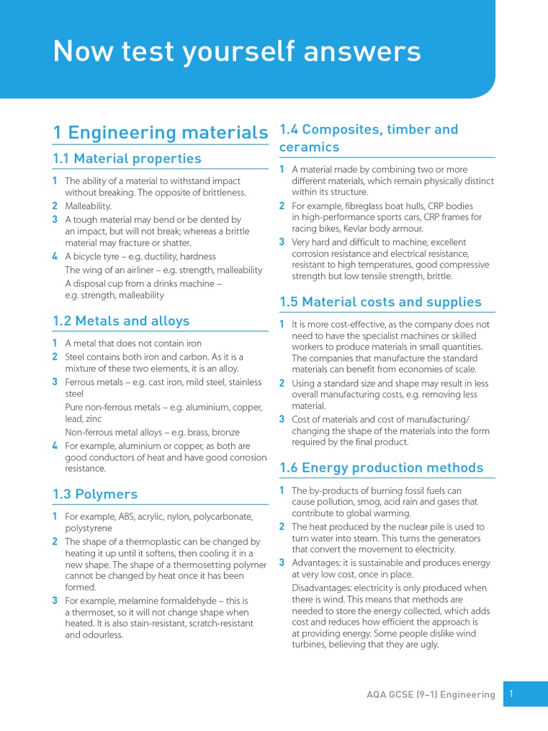 Now Test Yourself Answers: 1 Engineering Materials | PDF | Ductility ...