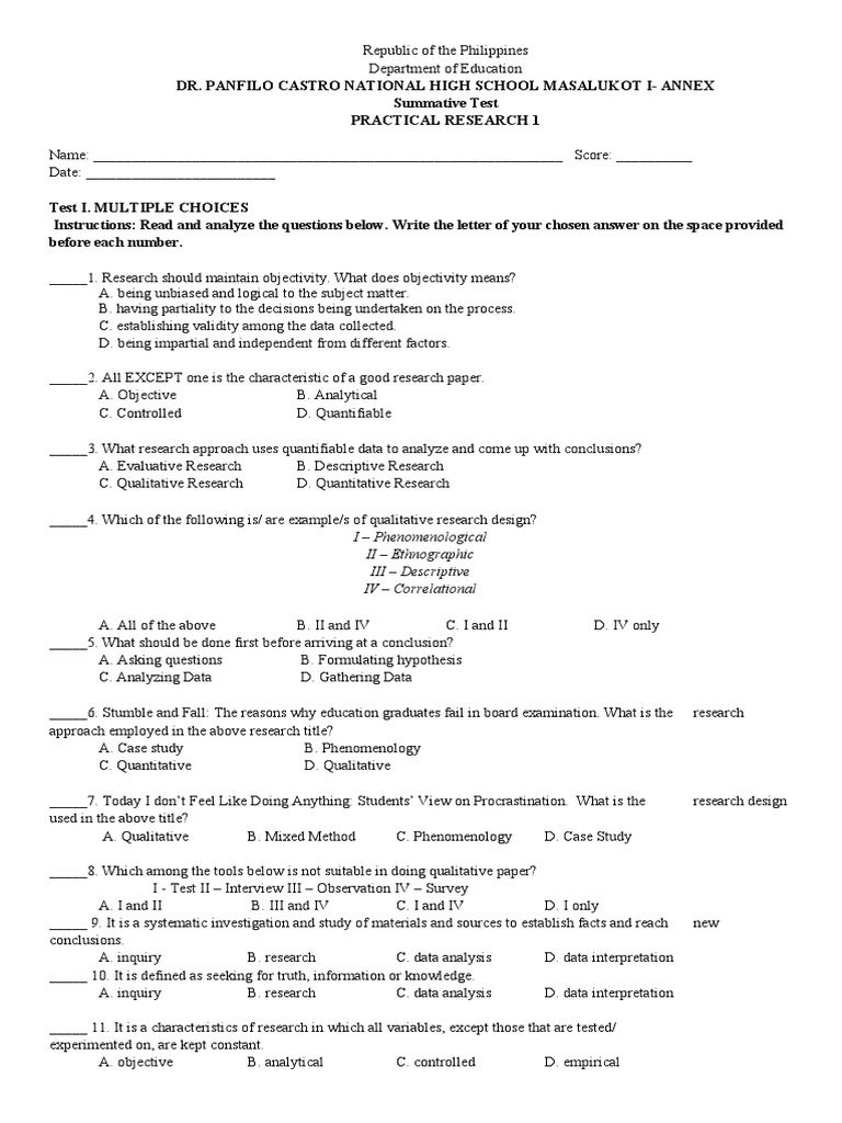 Grade 11 Practical Research 1 Test | PDF | Scientific Method ...