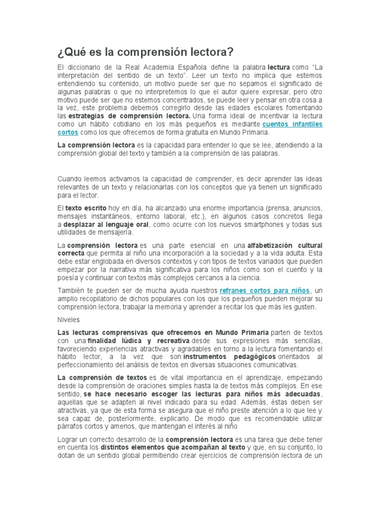 Niveles Comprension Lectora para Niños de Primaria | PDF | Comprensión ...