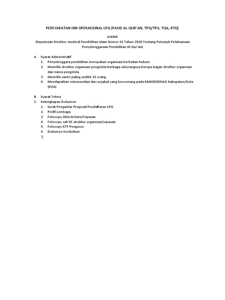 Syarat Ijin Operasional TPQ dan LPQ | PDF | Karier & Perkembangan | Bisnis