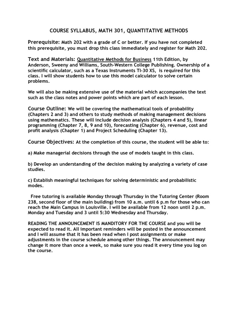 Course Syllabus, Math 301, Quantitative Methods Prerequisite | PDF ...