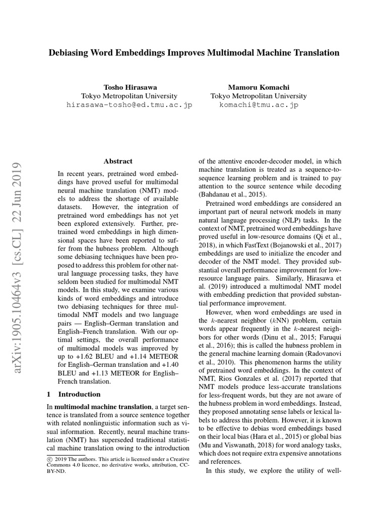Debiasing Word Embeddings for NMT | PDF | Cognitive Science | Linguistics