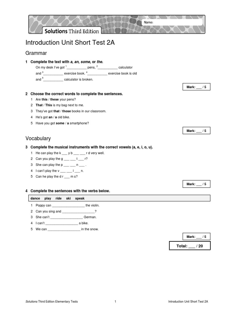 Introduction Unit Short Test 2A: Grammar | PDF | Language Arts & Discipline
