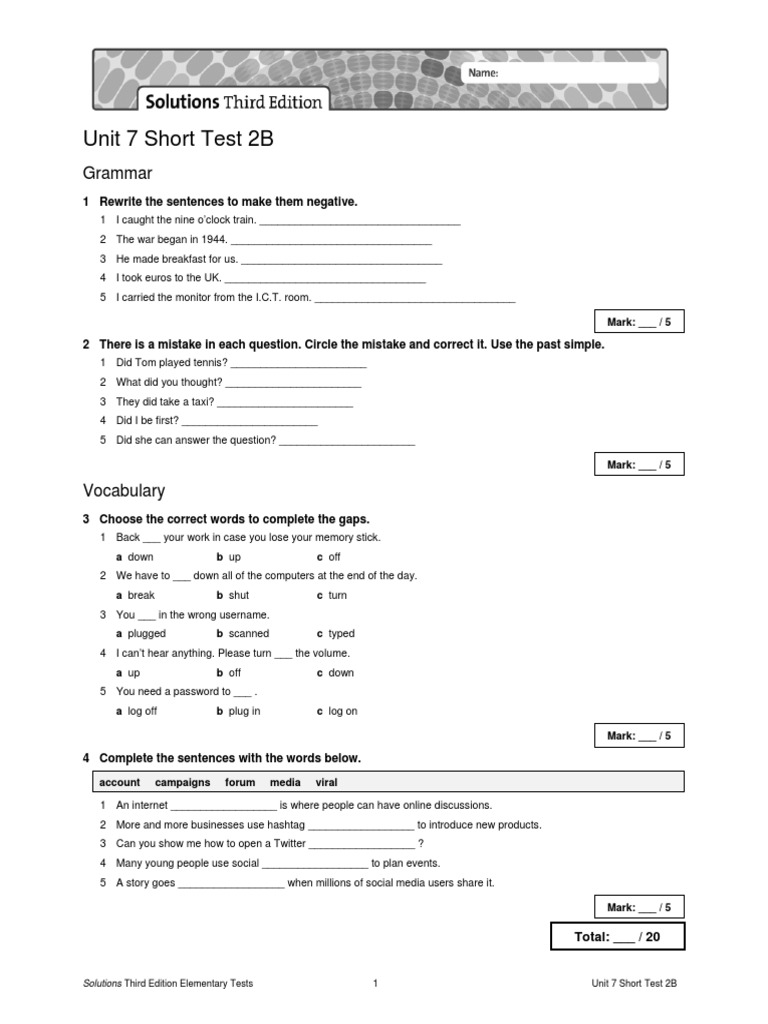Unit 7 Short Test 2B: Grammar | PDF | Communication | Information Age