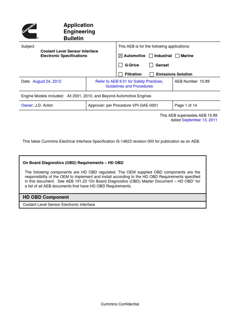 Coolant Level Sensor Interface Guide | PDF | Specification (Technical ...