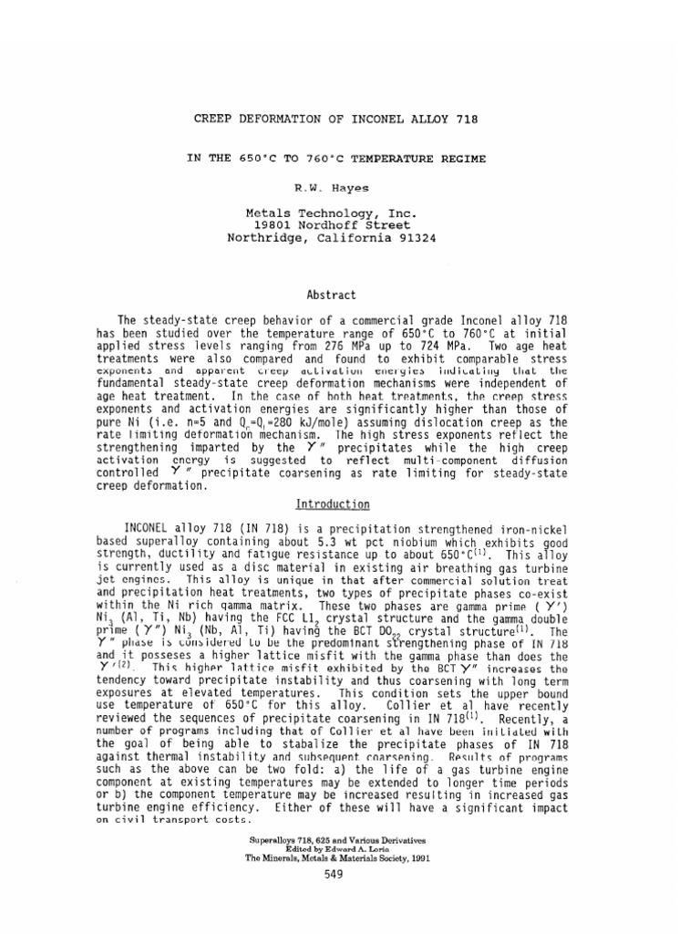 Creep Behavior of Inconel 718 at High Temp | PDF | Creep (Deformation ...