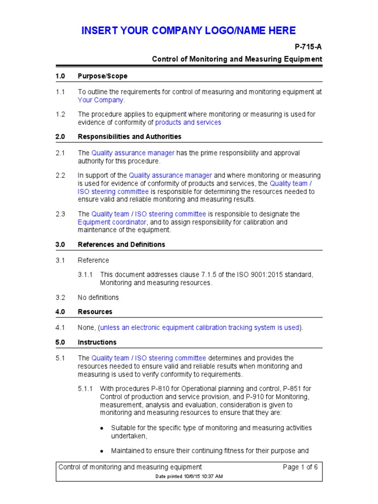 P 715 Control Monitor Measure Equipment SAMPLE | PDF