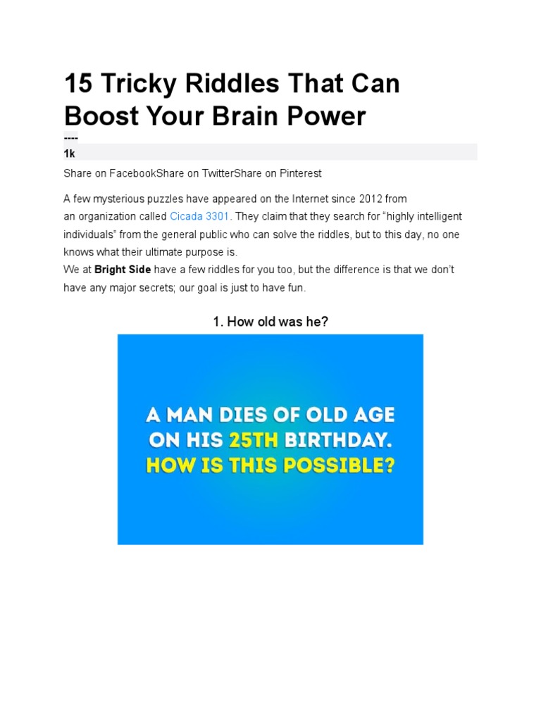 15 Tricky Riddles That Can Boost Your Brain Power | PDF | Games ...
