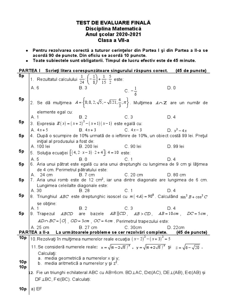 0 0 Test de Evaluare Finala Vii | PDF